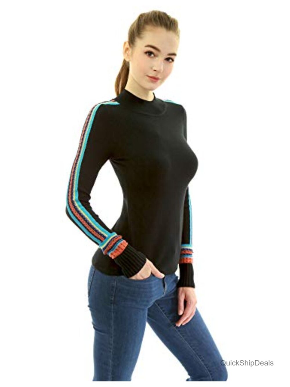 Women Mock Neck Fair Isle Trim Long Sleeve Pullover Knit Sweater
